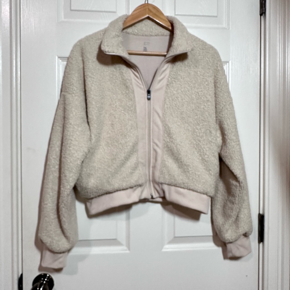 Gilly Hicks Cream Teddy Jacket with Zip-Up Style and Stand-Up Collar